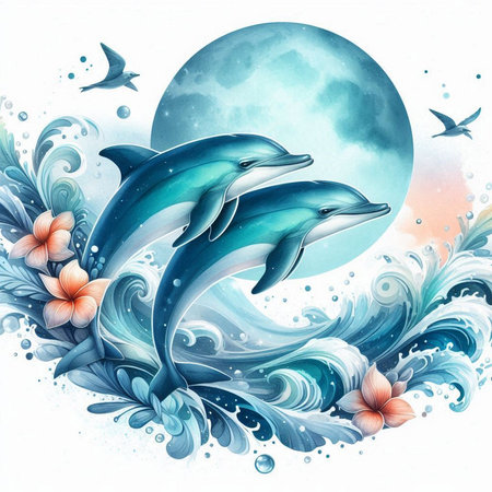Dolphins in the sea. Watercolor illustration on white background.の写真素材