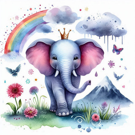 Cute elephant with a crown on his head and a rainbow in the skyの写真素材