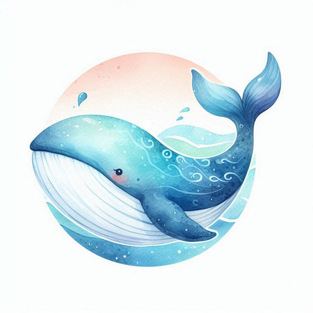 Watercolor illustration of a cute blue whale in the ocean. Hand-drawn illustration.の素材
