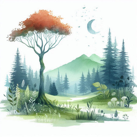 Watercolor landscape with a tree in the forest. Watercolor illustrationの素材