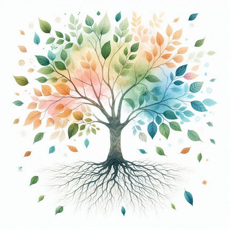 Watercolor illustration of a tree with roots and colorful leaves on white backgroundの素材