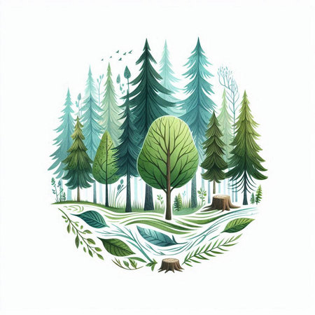 Pine trees in the forest. Hand-drawn vector illustration.の素材