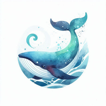 Watercolor blue whale in the sea. Hand drawn vector illustration.の素材