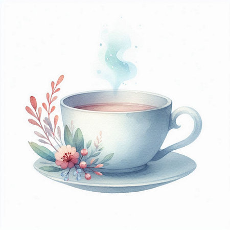 Cup of tea with floral decoration. Watercolor hand drawn illustrationの素材