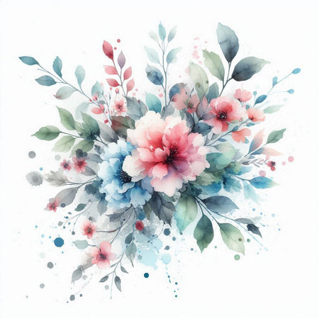 Watercolor greeting card with flowers and leaves. Hand painted illustration.の素材