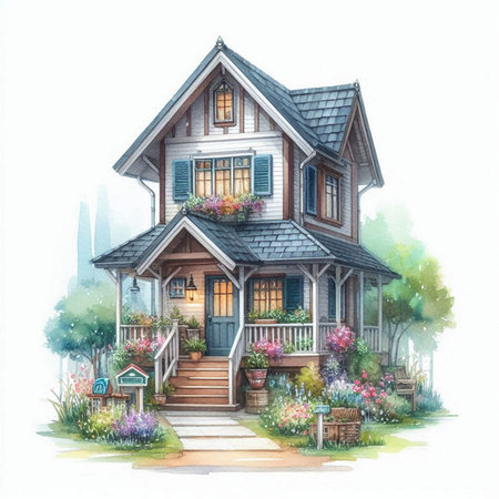 Watercolor house in the garden. Hand-drawn illustration on white backgroundの素材