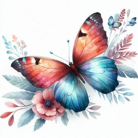 Watercolor butterfly with flowers and leaves. Hand painted illustration isolated on white background.の素材
