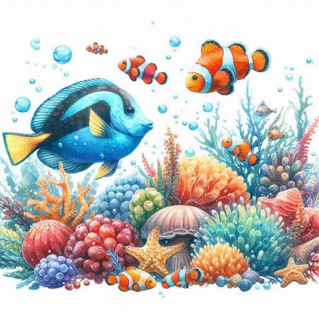 Underwater world with corals and tropical fish. Watercolor illustrationの素材