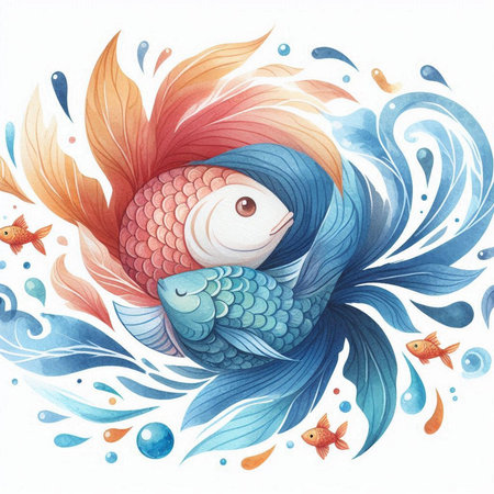 Watercolor illustration of a blue goldfish swimming in the sea.の素材