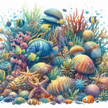 Underwater world with corals, fish and tropical fish. 3d illustrationの素材