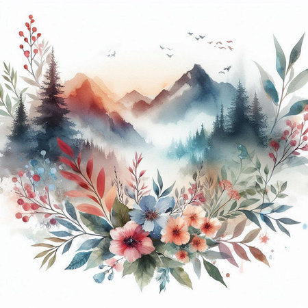 Watercolor mountain landscape with flowers. Hand painted illustration for your designの素材