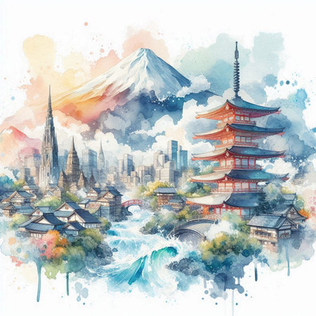 Watercolor painting of Fuji mountain, pagoda and pagoda in Japanの素材