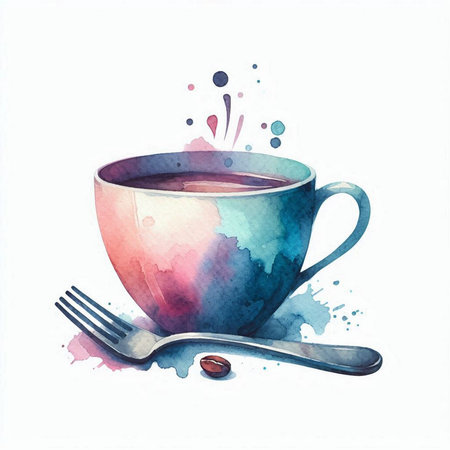 Watercolor illustration of a cup of coffee with spoon and fork.の素材