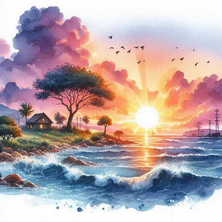 Beautiful seascape with sunset. Watercolor hand drawn illustrationの素材