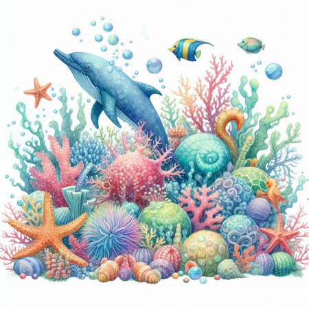 Coral reef with fish, starfish and dolphin. Watercolor illustrationの素材