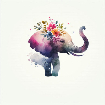 Watercolor elephant with floral bouquet on white background. Vector illustration.の素材
