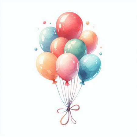 Colorful balloons isolated on white background. Watercolor hand drawn illustrationの素材