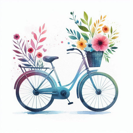 Bicycle with flowers. Watercolor hand drawn illustration on white backgroundの素材