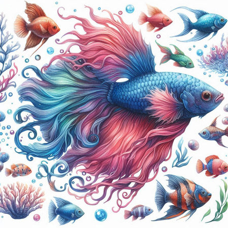 Watercolor painting of fish and sea life. Seamless pattern.の素材