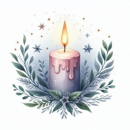 Watercolor illustration of a wax candle with green leaves and stars.の素材