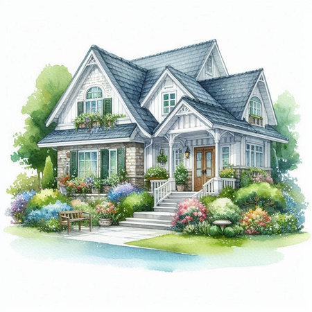 Watercolor illustration of a beautiful country house with a garden. Isolated on white background.の素材