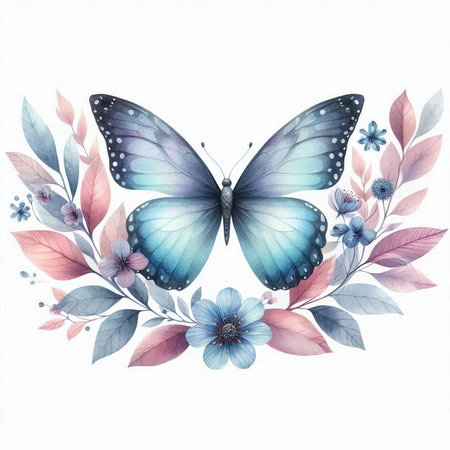 Blue butterfly with flowers. Watercolor illustration isolated on white background.の素材