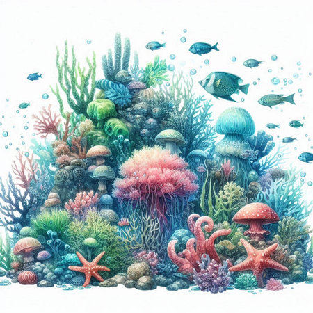 Underwater world. Underwater world with corals, fish and algae.の素材