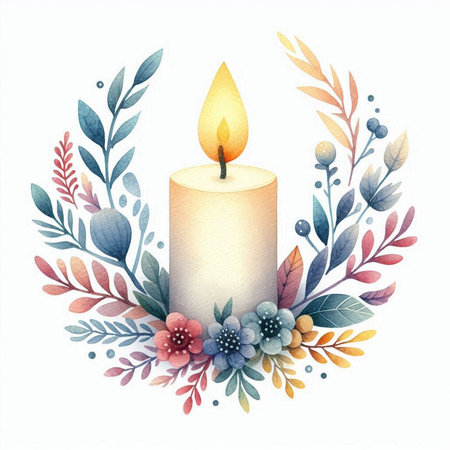 Watercolor floral wreath with burning candle. Hand drawn illustration.の素材