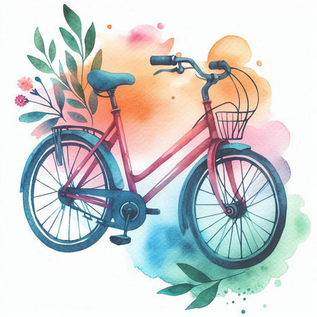 Watercolor illustration of a bicycle on a watercolor background with flowers.の素材