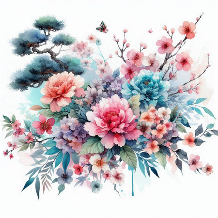 Watercolor illustration of flowers in style sumi-e, u-sin. Oriental traditional painting.の素材