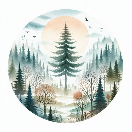 Watercolor winter landscape with pine trees and fog. Hand drawn illustrationの素材