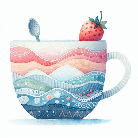 Watercolor illustration of a cup of tea with strawberries on a white backgroundの素材