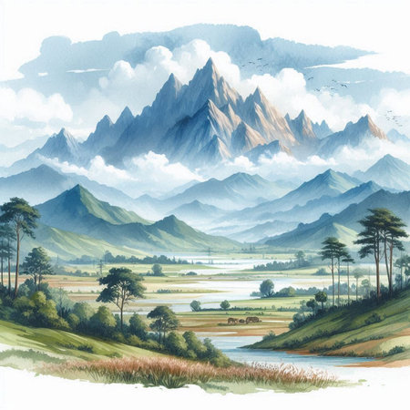 Landscape with mountains, clouds and river. Digital watercolor painting.の素材
