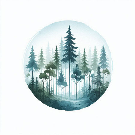 Watercolor illustration of pine forest in round shape on white background.の素材