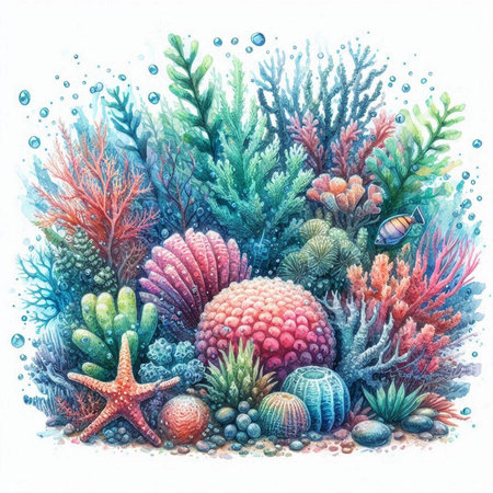 Underwater world. Colorful coral reef with starfish. Watercolor illustration.の素材