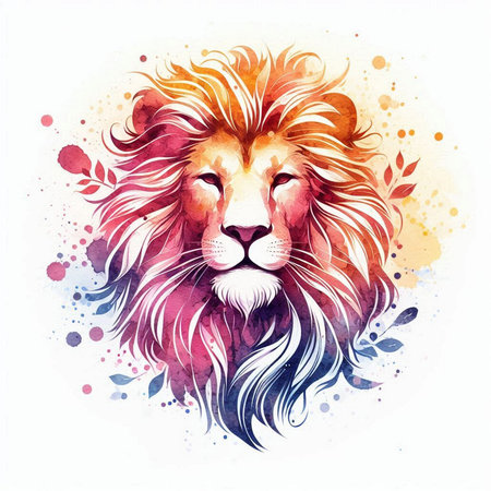 Lion head with watercolor splash. Hand drawn vector illustration.の素材