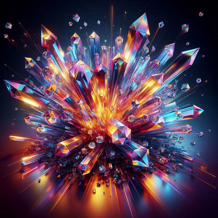 3d rendering of a colorful crystal explosion isolated on black background.の素材