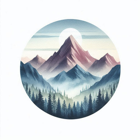 Mountain landscape. Watercolor hand drawn illustration on white background.の素材