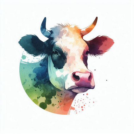 Watercolor portrait of a cow on a white background. Vector illustration.の素材