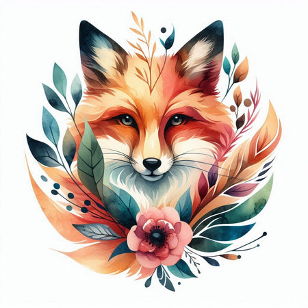Watercolor fox with flowers and leaves on white background. Vector illustration.の素材