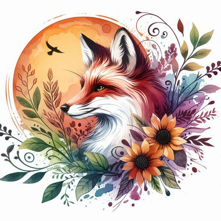 Vector illustration of fox with flowers on a background of the sun.の素材