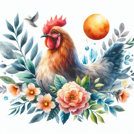 Cute rooster with flowers and leaves. Watercolor illustration.の素材