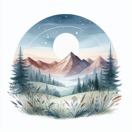 Mountain landscape. Hand drawn watercolor illustration on white background.の素材