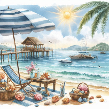 Beautiful view of the beach with a deckchair, a sun lounger, a bouquet of flowers, a basket of seashells, an umbrella and a boat in the sea.の素材