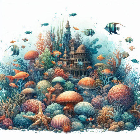 Underwater world. Underwater world. Fantasy watercolor illustration.の素材