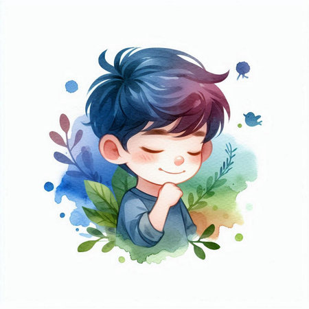 Cute little boy with blue hair and blue eyes. Watercolor illustration.の素材