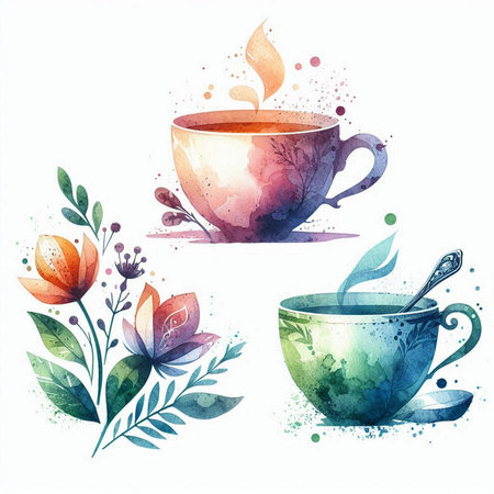 Cup of tea with floral elements. Watercolor hand drawn illustrationの素材
