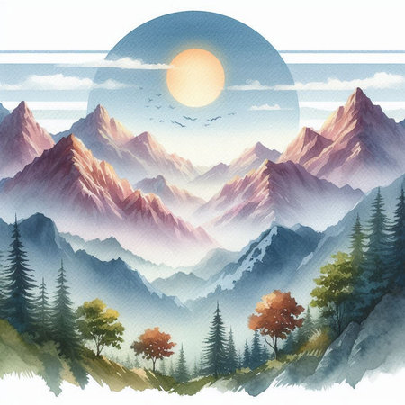 Watercolor mountain landscape with forest and sunset. Hand drawn illustration.の素材