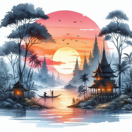 Watercolor illustration of a traditional temple in the middle of the lake.の素材