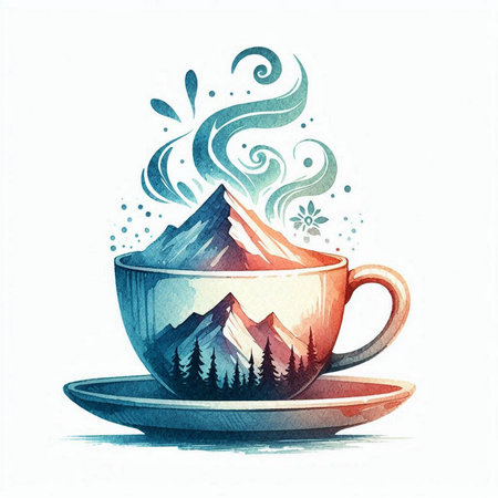 Cup of coffee with mountains. Hand drawn watercolor illustration.の素材